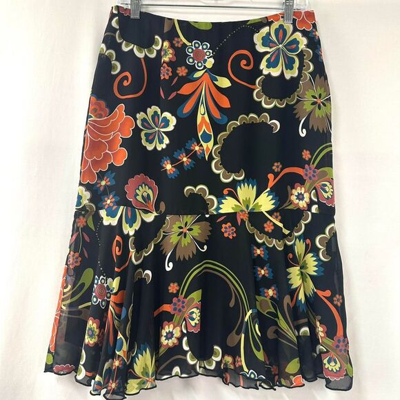 BENTLEY A. Y2K Black Multicolor Floral Midi Skirt Ruffles Womens 8 Fairy Whimsy - Picture 1 of 6